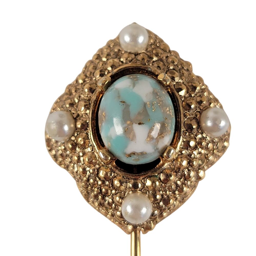 Vintage Gold Stick Pin Faux Turquoise Glass Cabochon & Faux Pearl 3.2" Lapel Pin